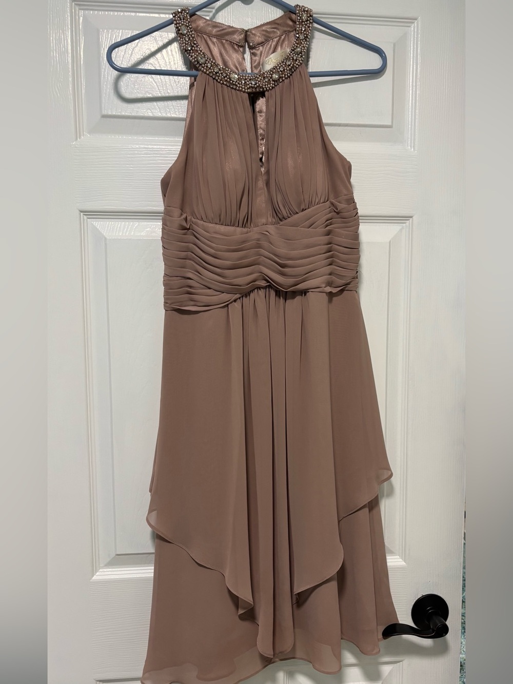 Eliza J Beaded Halter Layered Flowy Dress in Taupe size 6
